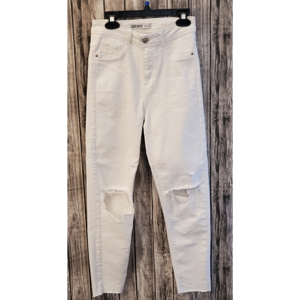 ZARA Basic  white distressed raw hem jeans White Size 2 - Picture 2 of 10